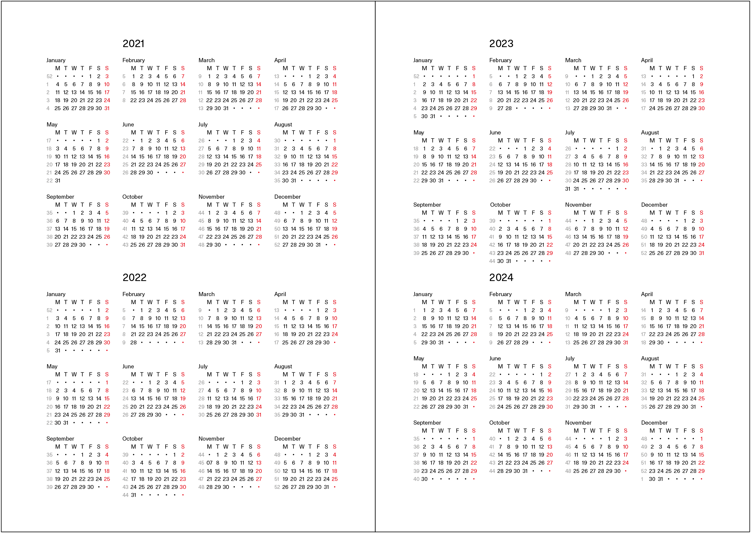Annual calendars, 2021-2028.