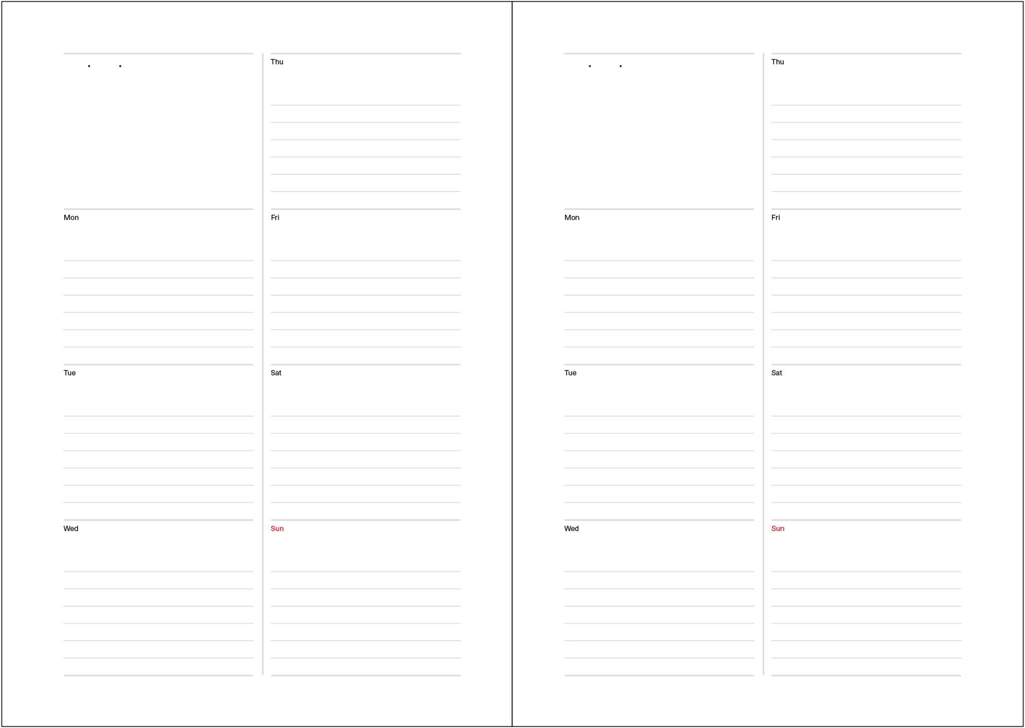 Weekly calendar on one page.