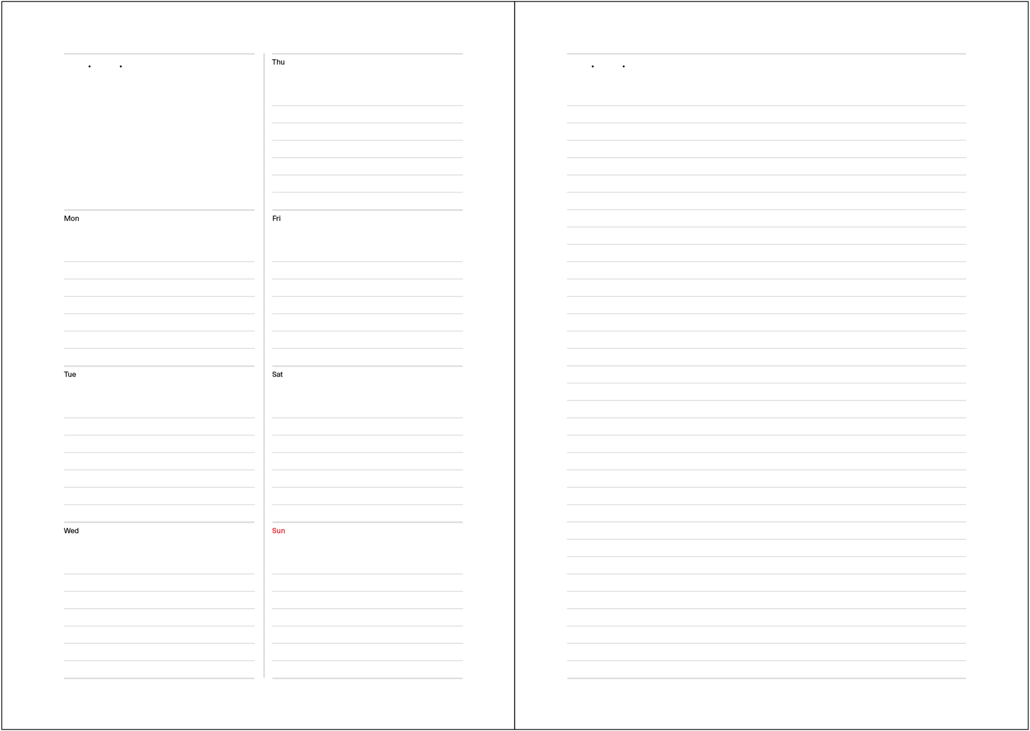 Weekly calendar on one page. With ruled memo page.