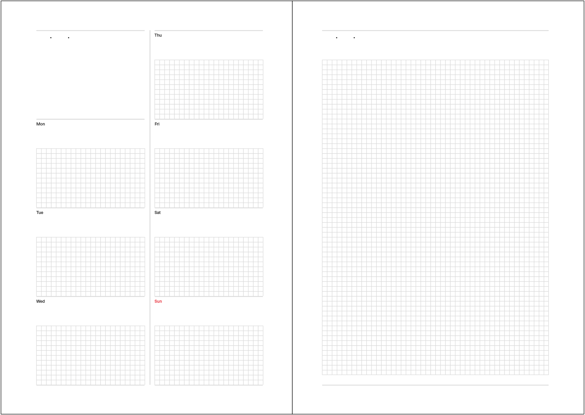 Weekly calendar on one page. With grid memo page.